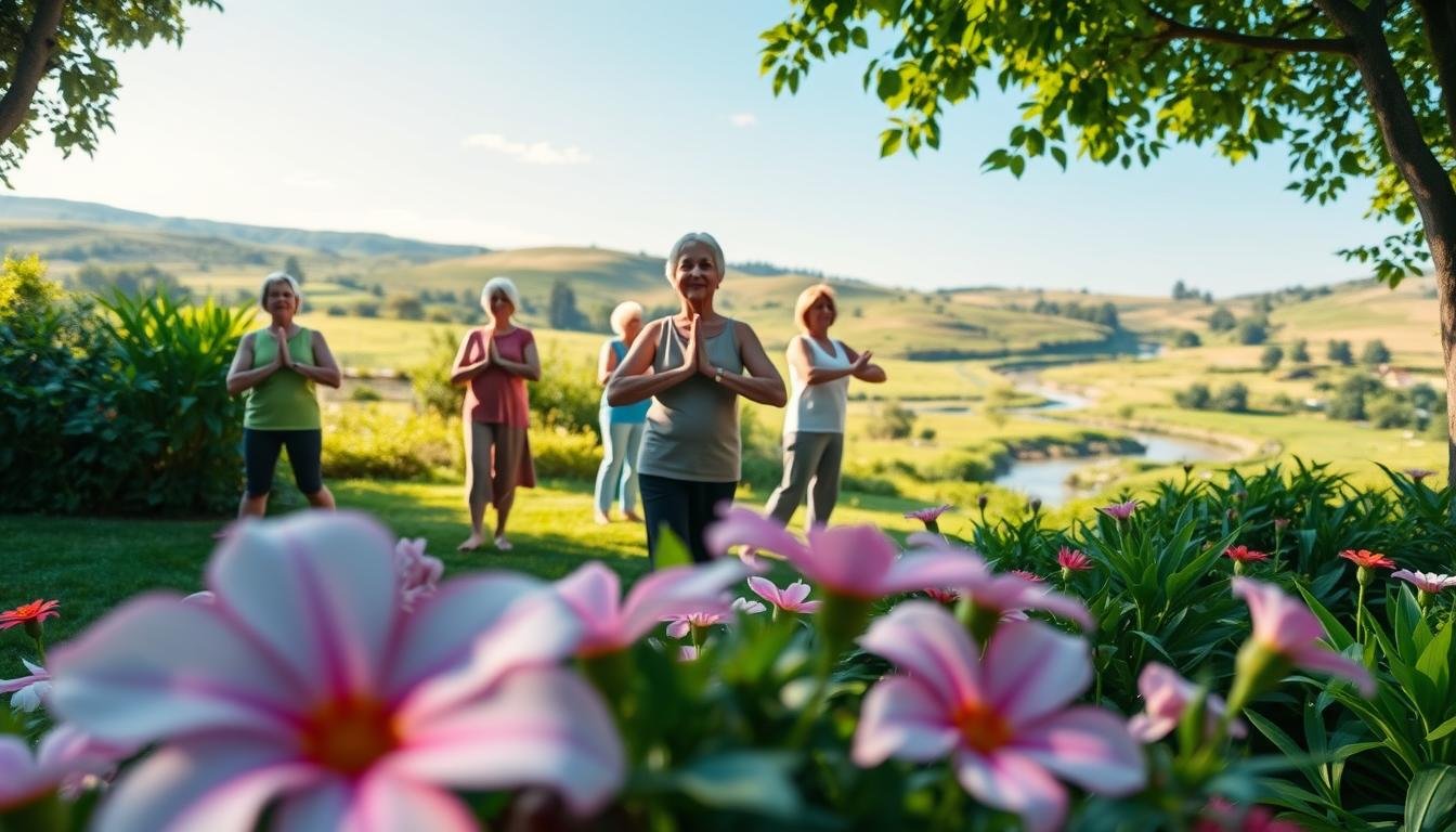 Healthy older adults practicing yoga in a lush garden to look younger naturally.